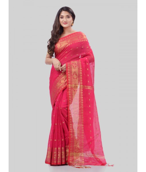 DESH BIDESH Women`s Bengal Cotton Silk Pure Handloom Cotton Saree Kohinoor Work With Blouse Piece(Pink)